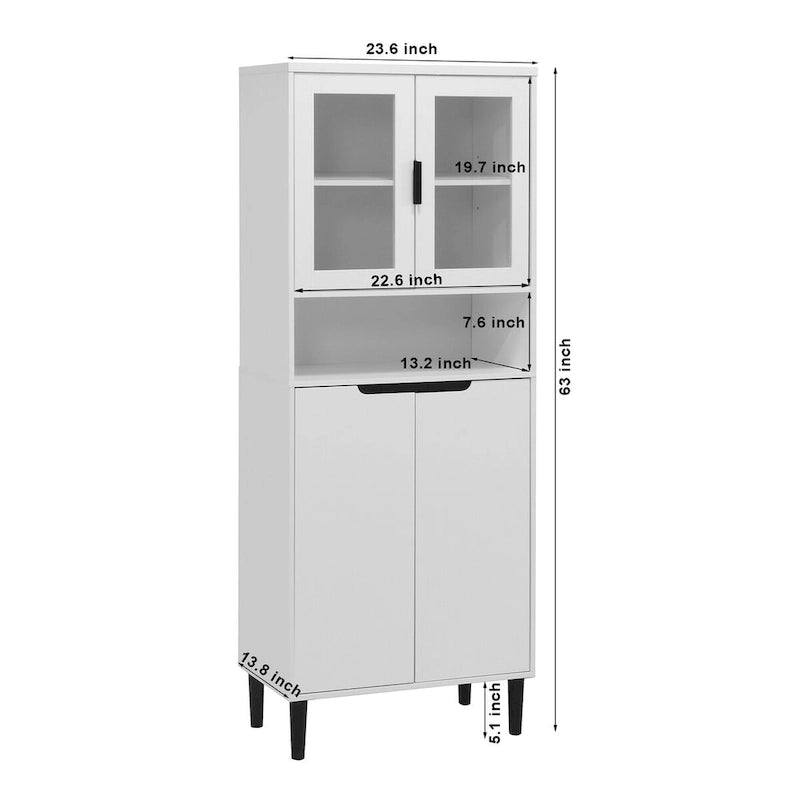 Tall Storage Show Cabinet with 2 Glass Display Door & 2 Doors, Kitchen Pantry Cabinet with Gold HandlesCabinet Freestanding