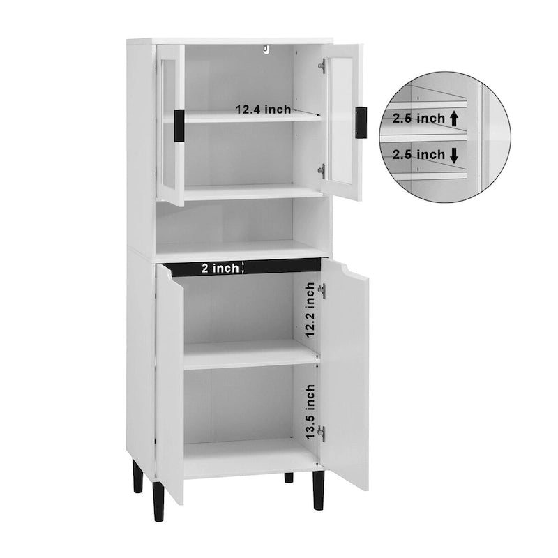 Tall Storage Show Cabinet with 2 Glass Display Door & 2 Doors, Kitchen Pantry Cabinet with Gold HandlesCabinet Freestanding