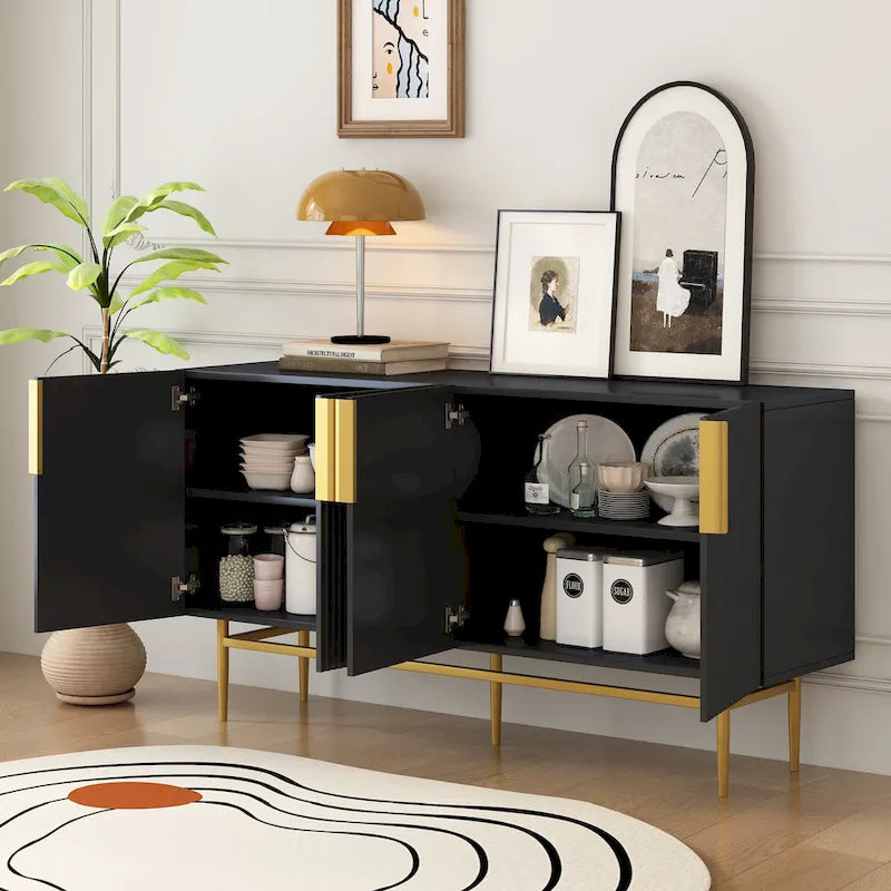 Modern Elegant 4-door Sideboard Gold Metal Handle Buffet Cabinet for Dining Room, Living Room, Bedroom, Hallway