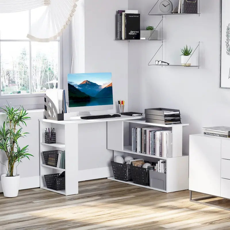 L Shaped Corner Desk, 360 Degree Rotating Home Office Desk with Storage Shelves, Writing Table Workstation