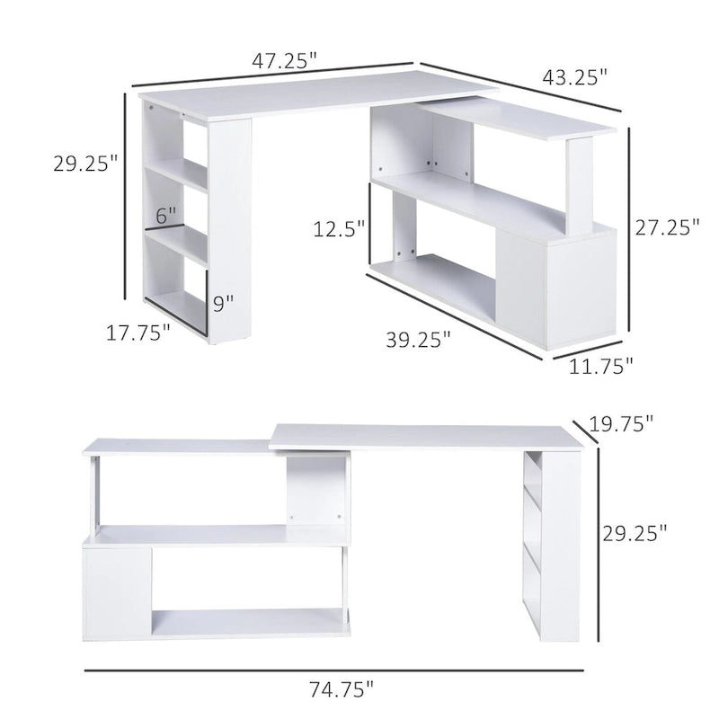 L Shaped Corner Desk, 360 Degree Rotating Home Office Desk with Storage Shelves, Writing Table Workstation
