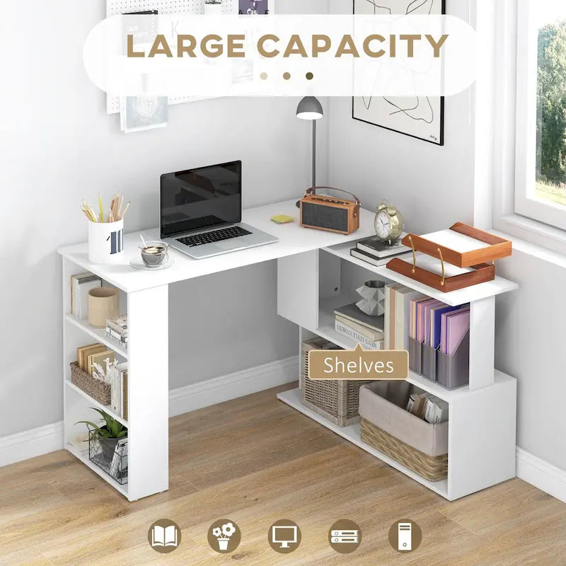 L Shaped Corner Desk, 360 Degree Rotating Home Office Desk with Storage Shelves, Writing Table Workstation