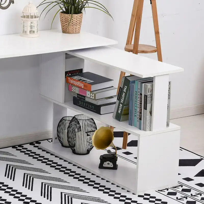 L Shaped Corner Desk, 360 Degree Rotating Home Office Desk with Storage Shelves, Writing Table Workstation