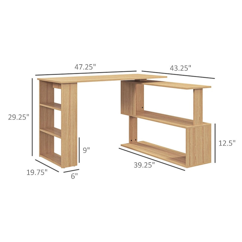 L Shaped Corner Desk, 360 Degree Rotating Home Office Desk with Storage Shelves, Writing Table Workstation