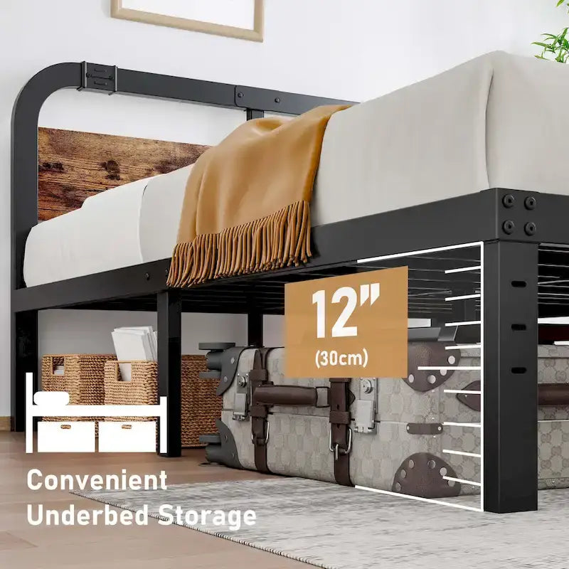 16 Inch Black Metal Platform Bed Frame With Wood Slats Support