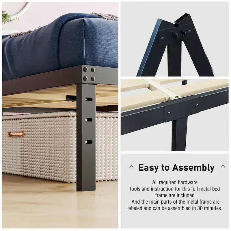 16 Inch Black Metal Platform Bed Frame With Wood Slats Support