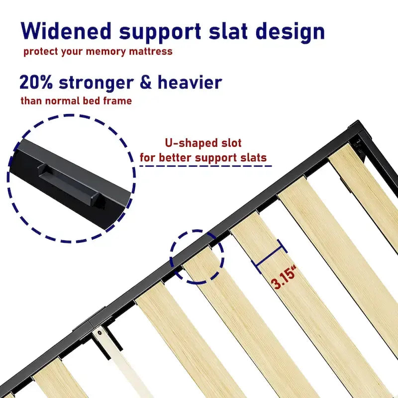 16 Inch Black Metal Platform Bed Frame With Wood Slats Support