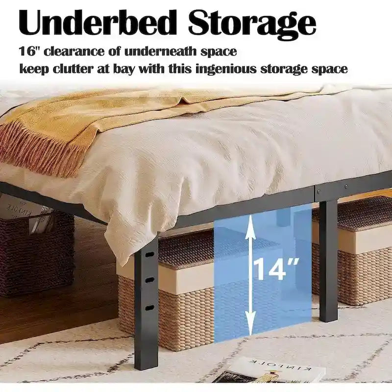 16 Inch Black Metal Platform Bed Frame With Wood Slats Support