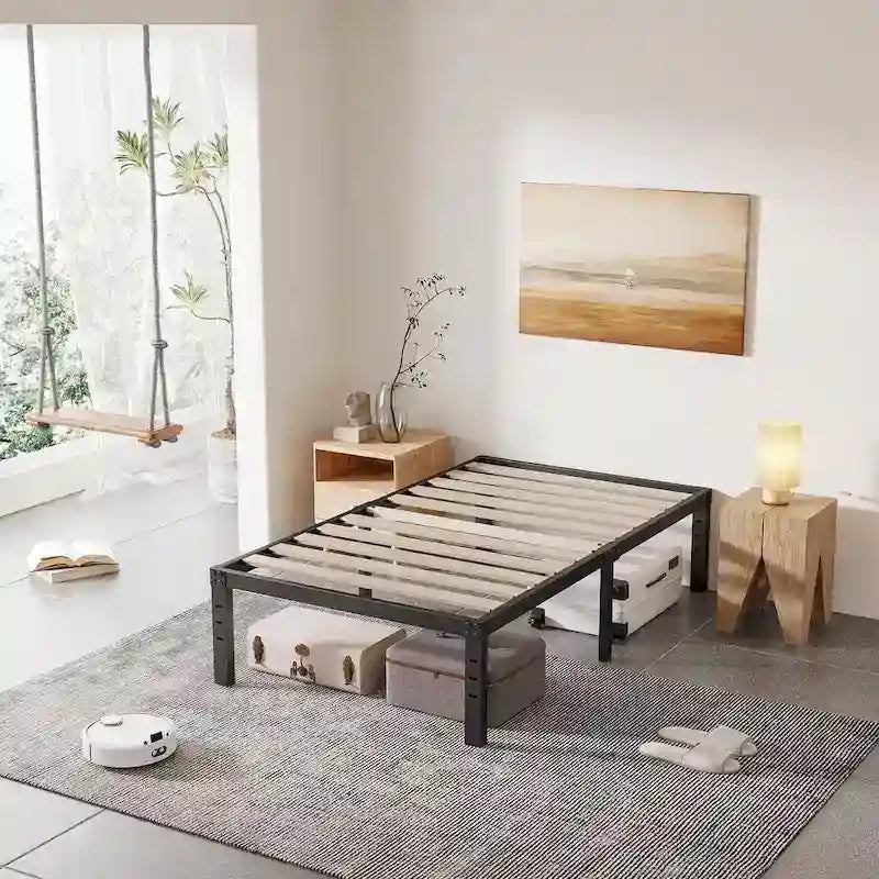 16 Inch Black Metal Platform Bed Frame With Wood Slats Support