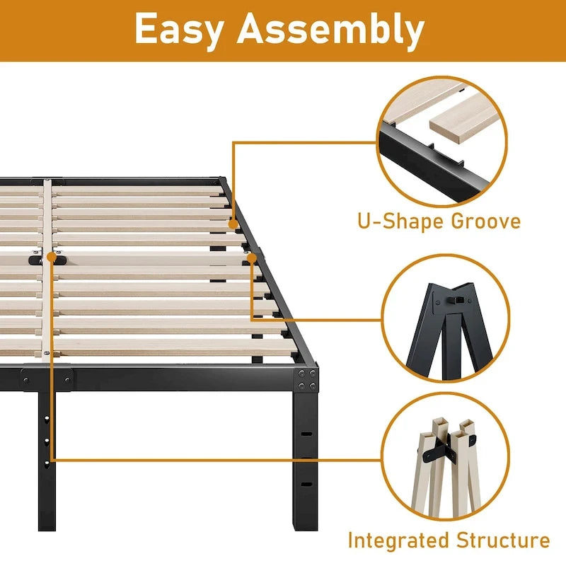 16 Inch Black Metal Platform Bed Frame With Wood Slats Support